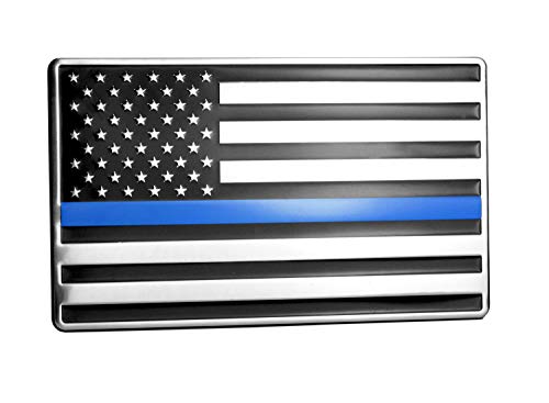 Image of USA American Embossed Stainless Steel Metal Flag for Cars, Trucks Show Support of Police and Law Enforcement Officers 5 inchx3 inch Thin Blue line Flag