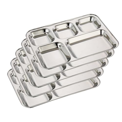 Image of Expresso - Heavy Duty Stainless Steel Rectangle Deep Dinner Plate w /5 Sections Divided Mess Trays for Kids Lunch, Camping, Events & Every Day Use Kitchenware - Set of 5 Pcs