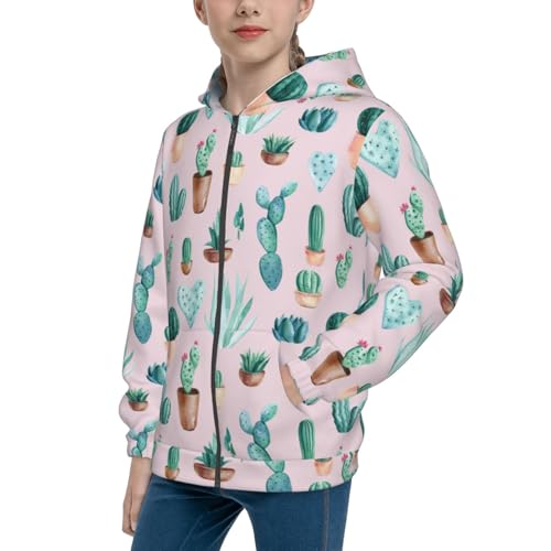 Green Cacti and Succulents Kid Hoodies Boys Zip Up Sweatshirts Girls Pullover with Pocket