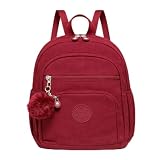 Mini Mochila Feminina de Nylon Impermeável, Extremamente Leve e Resistente a Água, Mochila Pequena com Pompom, Mochilinha Versátil com 4 Zíperes (Vermelha)