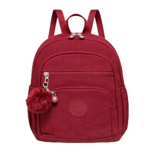 Mini Mochila Feminina de Nylon Impermeável, Extremamente Leve e Resistente a Água, Mochila Pequena com Pompom, Mochilinha Versátil com 4 Zíperes (Vermelha)
