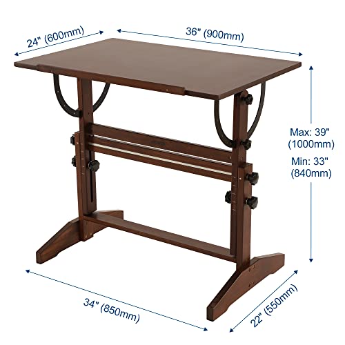 Viswin 33"-39" H Wooden Drafting Table, Adjustable Height & Angle, Solid Pine Wood Artist Table For Drawing, Tilts Flat, Studio Art Craft Desk For Painting, Drafting, Writing, Reading #TOP2