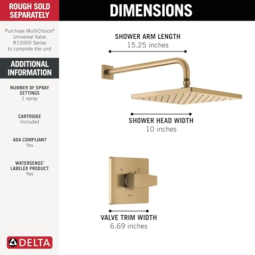 Image of Delta Modern 14 Series Square Rain Shower Faucet Set, Brushed Gold Shower Head and Handle Set, Valve Trim Kit, Champagne Bronze T14268-CZ-PP (Valve Not Included)