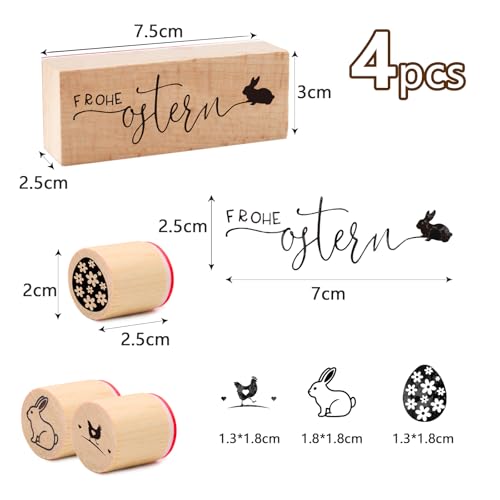 4 Stücke Stempel Frohe Ostern Motivstempel aus Holz,Huhn stempel Osterhasen Ostereier für DIY Scrapbooking Kartenherstellung Fotoalbum Journal