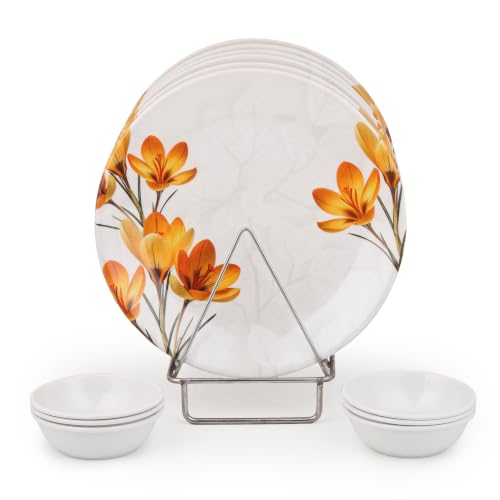 Image of Golden Fish Melamine Round Dinner Plate & Bowl Set of 12 (6 Plates + 6 Veg Bowls) | Yellow Leaf Print | Unbreakable, Dishwasher & Microwave Safe