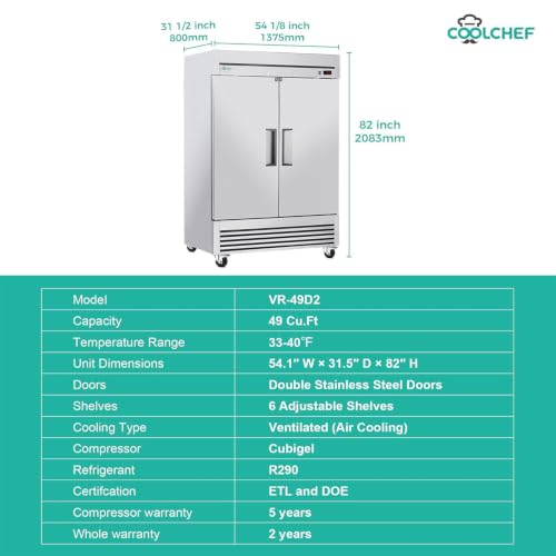 Image of COOLCHEF 54 inch Commercial Refrigerator 49 Cu.Ft, Stainless Steel 2 Door Reach-in Fridge, 33-40℉, Air Cooling, LED Light, 6 Shelves, R290, ETL