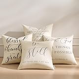 Meekio Set of 4 Christian Pillow Covers 18 x 18 Linen Pillow Covers with Bible Verses, Farmhouse Religious Decor, Christian Gifts