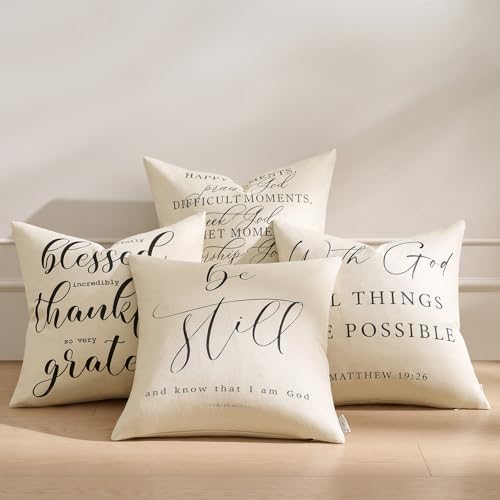 Meekio Set of 4 Christian Pillow Covers 18 x 18 Linen Pillow Covers with Bible Verses, Farmhouse Religious Decor, Christian Gifts