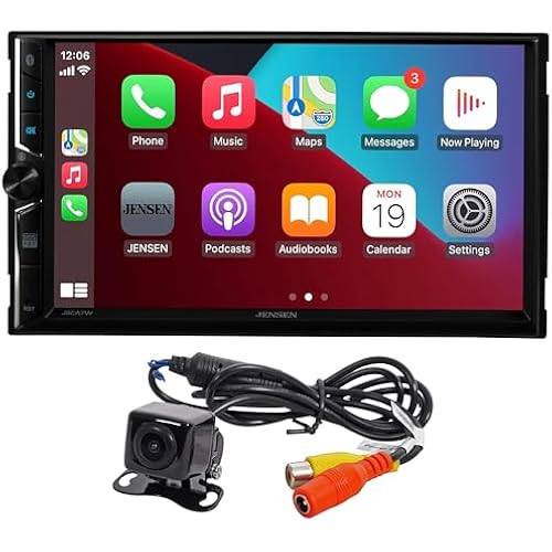 JENSEN J3CA7W 7-inch Double DIN Certified Wireless Apple Carplay Android Auto Car Stereo & BUCAM100J Backup Camera Bundle