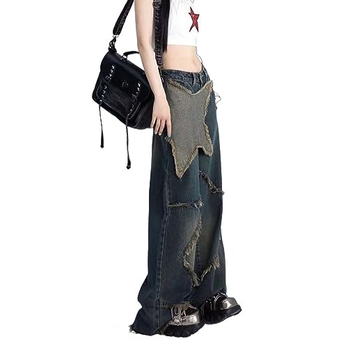 Low Rise Baggy Jeans for Women Goth Emo Pants Y2K Dark Retro Straight Wide Leg Pants with Star Loose Fit Streetwear3