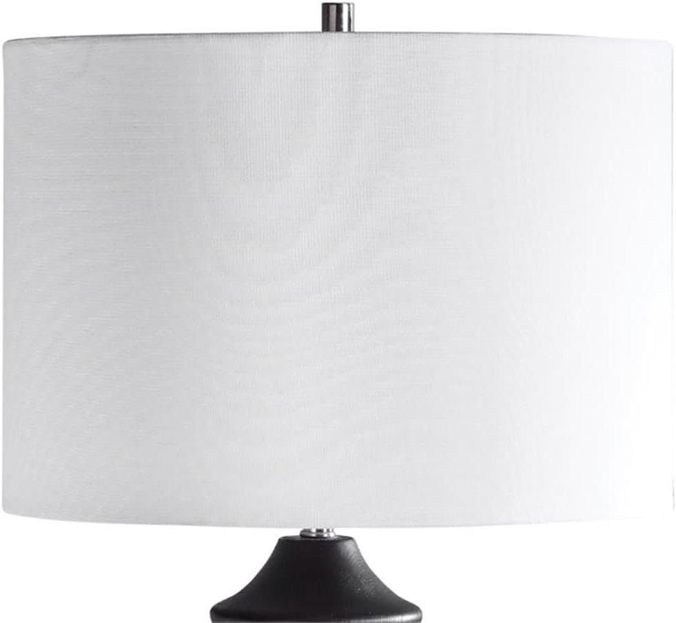 BOWERY HILL Contemporary Modern Table Lamp, Rustic Black Finish, 30 in Height, Carved Wood Base with White Linen Drum Shade, 150W Type A Bulb, Living Room or Bedroom Lighting Decor