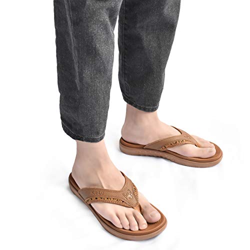 Kuailu Mens Leather Sport Flip Flops Comfort Orthotic Thong Sandals With Plantar Fasciitis Arch Support For Outdoor Summer #TOP3