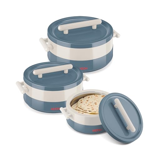 Image of MILTON Valenza Insulated Inner Stainless Steel Jr. Casserole Set,Hot Box for Kitchen,Keeps Food Hot & Fresh for Roti, Biryani,Durable Serving Bowls With Lids Set of 3(400ml, 750ml, 1250ml),Blue Stone