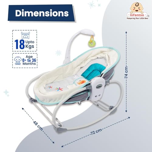 Image of Infantso 5 in 1 Premium Baby Rocker for 0 to 2 Years, Chair for Newborn with Neck Pillow, Calming Vibrations, Music & Hanging Toys, 3 Position Adjustable Backrest Toddler Swing