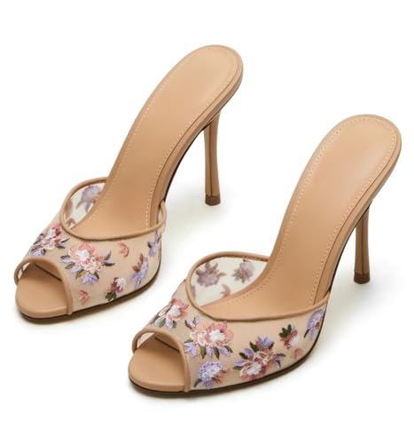 Yishaweiqi Women's Mesh Heeled Sandals Peep Toe Mules Slip on Stiletto High Heels Dress Sexy Slide Sandals