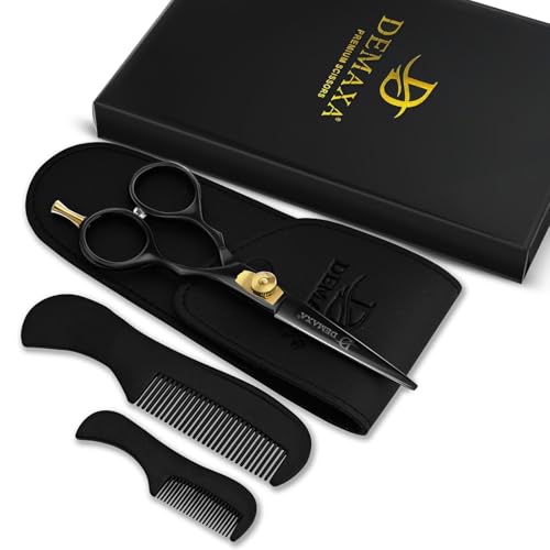 Image of DEMAXA Premium Black 5.5 inch Hair Cutting Scissors with Tweezers, Beard Comb and Mustache Comb - Professionally Sharpened for Precision Trimming, Mustache Scissors, Beard Shears - Grooming scissors men