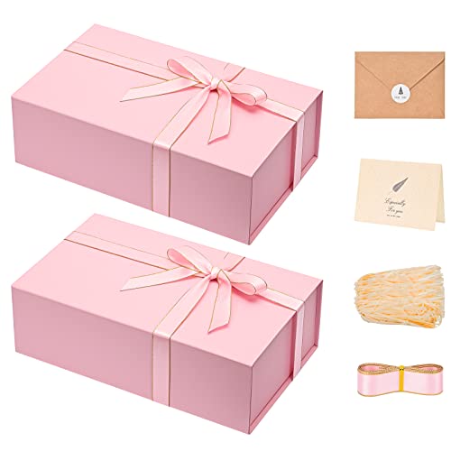 Image of LIFELUM Gift Boxes for Presents, Extra Large Gift Box 2 Pack 13.85 x 8.35 x 4.45 inch with Magnetic Lid Pink Gift Box With Ribbon, Card, Shredded Paper Filler