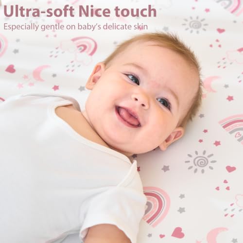 Image of Pack and Play Sheets Fitted, Mini Crib Sheets Girl 38 inch x 26 inch Compatible with Graco Pack n Play and Portable Playard Mattress Pads, 3-Pack Soft Microfiber Pink Rainbow