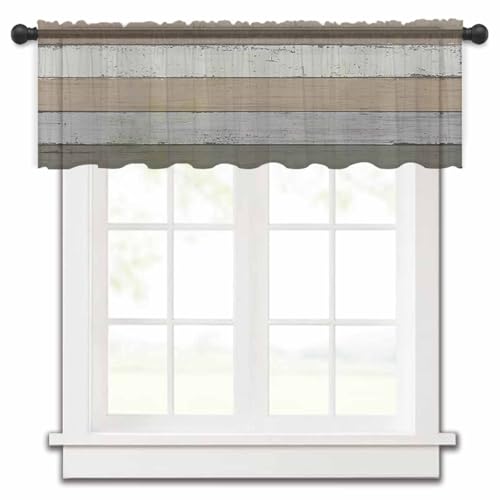 Pinroote Beige Grey Ombre Sheer Valance, 54"x18" Light Filtering Kitchen Curtain Valances, Brown Farmhouse Retro Wooden Striped Chiffon Rod Pocket Living Room/Bedroom/Cafe Curtains