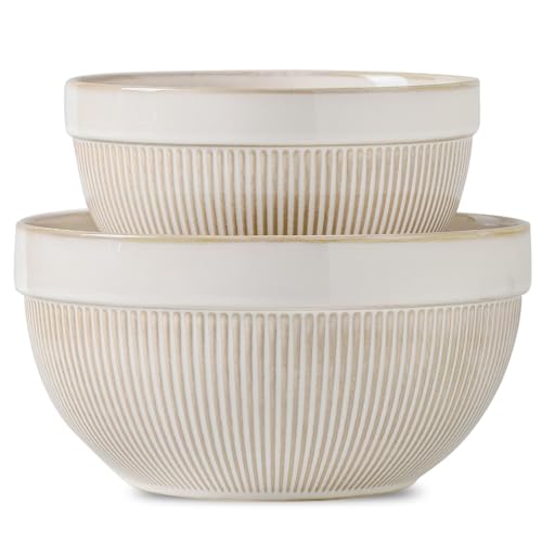 TEAKISS Ceramic Large Glazed White Stripe Mixing Bowls for Kitchen, Set of 2 Big Serving Bowls for Cooking, Popcorn, Salad, Soup, Baking, Dough Bread Making Bowl, 10 inch + 8 inch