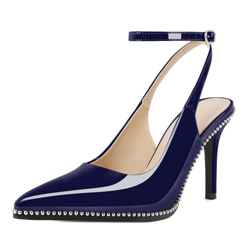 Soireelady Women Ankle Strap Heels Navy Slingback High Heels Beaded Pumps Stiletto Heel Dress Shoes 3.5 Inches Navy US Size 9.5