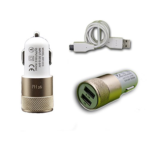 PH26 Chargeur Voiture Allume-Cigare Ultra Rapide Car Charger 2X USB 2100mA + 1000mA (+câble Offert) Or Gold pour Acer Liquid Z630