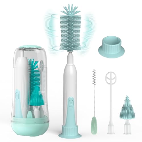 Image of Automatic Rotate Electric Bottle Brush: Silicone Portable Bottle Cleaning - Powered Baby Bottle Cleaner - Mutilife Travel Waterproof Bottle Washer Set - Green (HW-NPS01-G)