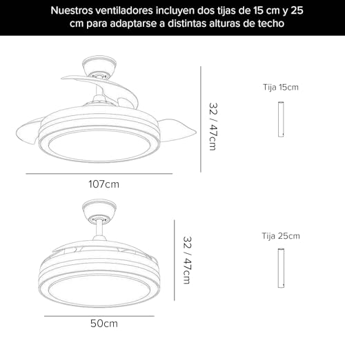 3NOD - Ventilador de Techo con Luz LED Regulable, Mando + App, Motor DC Control a distancia, Aspas retráctiles, Modo verano invierno, Blanco - imagen 8