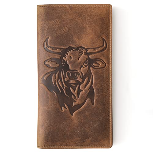 Rodeo Bull Western Wallet for Men. Full Grain Leather Checkbook Wallet. RFID Blocking Rodeo Bull Long Wallet for Men. Gift Wallet for Cowboys