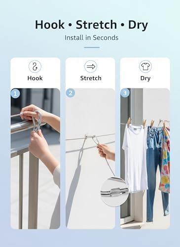Image of Heavy Duty Stainless Steel Clothesline 5 Meter with Locking Carabiner Hooks, Rust Proof Portable Drying Wire for Balcony, Bathroom, Indoor Outdoor Laundry, Travel & Camping Space Saving Clothes Line