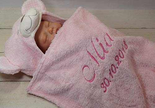 Zweilagige Babydecke mit Namen und Datum bestickt - Wagendecke - 3D Motiven - (Rosa Teddybär) (302021)