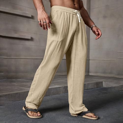 Linen Pants Men 2025 Summer Beach Pants Drawstring Casual Pant Slim Fit Lightweight Baggy Linen Joggers with Pockets2