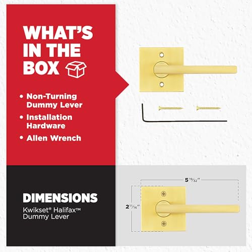 Image of Kwikset Halifax Dummy Door Handle, Single Sided Lever for Closets, French Double Doors, and Pantry, Satin Brass Non-Turning Reversible Interior Push /Pull Lever, with Microban Protection