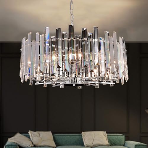 MEEROSEE Modern Crystal Chandelier Lighting Chrome Pendant Ceiling Lights Fixture Contemporary Island Chandeliers for Living Room Dining Room Dimmable D27.56