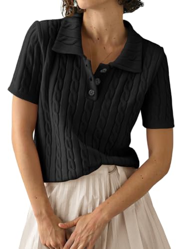 Image of Imily Bela Womens Polo V Neck Pullovers Lightweight Short Sleeve Cable Knit Sweater Business Casual Summer Tops 2025