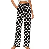 iniber Comfy Pajama Pants for Women, Stretch Drawstring Lounge Pants with Pockets, Soft Casual Loose Yoga Pants Wide Leg Pjs Bottoms, Polka Dot, Large