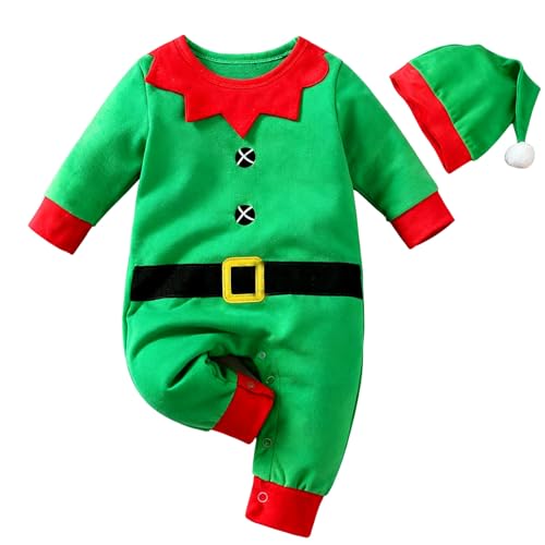 Raopuzi Disfraz Elfo Bebe Traje Navidad Niño Niña Mono Invierno de Franela CáLido con Gorro Pelele Navideño de Manga Larga para Recien Nacido Pijama Una Pieza Ropa de Dormir de Elfa Verde Suave