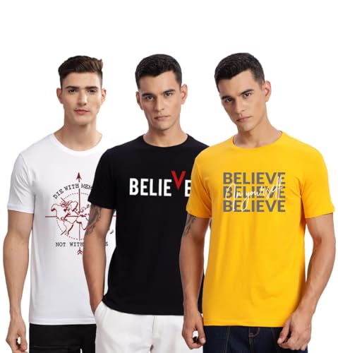 Image of ADRO 100% Cotton Lycra Tshirts for Men Combo Pack of 3 | Regular Fit | Printed T Shirt | Round Neck Half Sleeve| Mens Tshirts