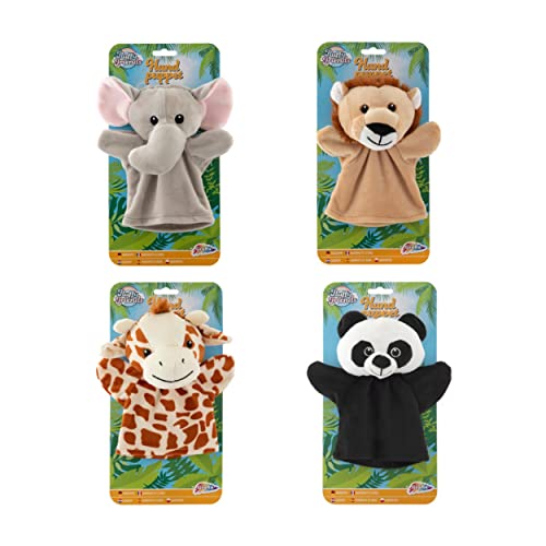 Grafix Tier Handpuppen für Kinder | Ihr eigenes Puppentheater in Einer Box! | Set mit 4 handspielpuppen | Panda, Löwe, Giraffe, Elefant | Plüsch Kuscheltiere