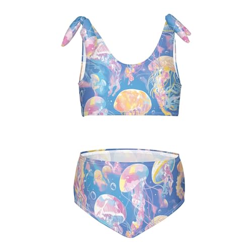 Colorful Jellyfish Girls Two Piecing Kids Bikini Set Scoop Neck Bathing Suit Swimwear Adjustable Strap