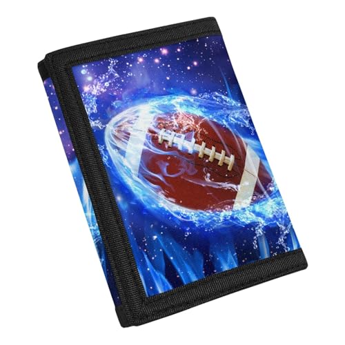 Blue Fire 3D Rugby Ball Print Kids Wallet for Boys Girls Teens Trifold Canvas Wallet for Men Moneybag With Coin Pocket And Id Window, Portable Sport Card Holder Pocket for Male4