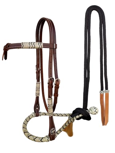 CHALLENGER Horse Western Knotted Bosal Rawhide Hanger Headstall w/Black Braided Reins 78J04BK