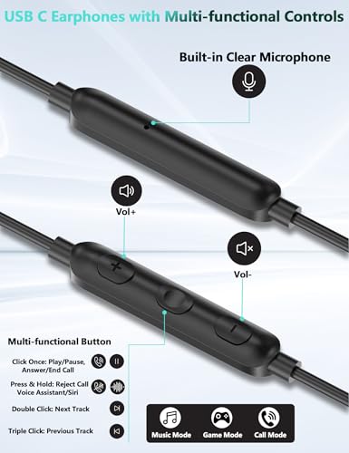 Auriculares con cable para iPhone 16 con cancelación de ruido Android Tipo C 7