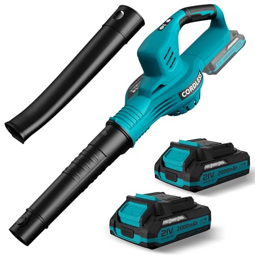 Leaf Blower Cordless - 21V Powerful Electric Leaf Blower with 2 Batteries and Charger, 2 Speed Modes, 2.0Ah Lightweight Battery Powered Leaf Blowers for Lawn Care, Patio, Dust, Blowing Leaves