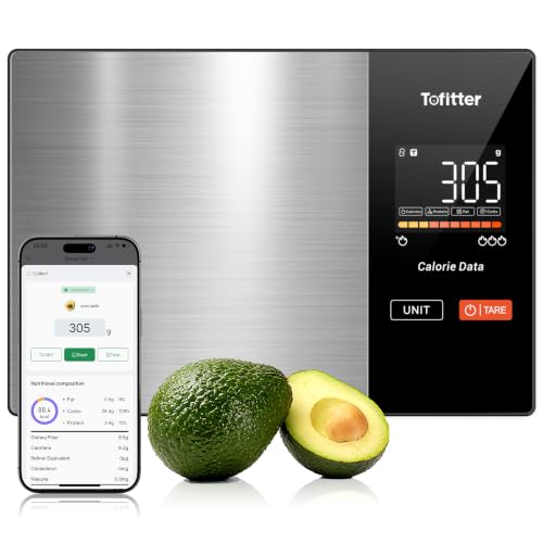 Smart Küchenwaage Bluetooth Ernährung Lebensmittelwaage mit kostenloser App Verfolgt 20 Nährstoffe&Kalorien 1g Präzision 5kg Kapazität Tara-Funktion - für Gewichtsverlust Fitness Backen