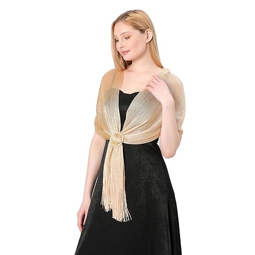 Image of Stoles for Evening Dress with Buckle, Fringes - Polyester Blend, Shimmer Stole Wraps for Weddings, Party | Women's Clothing