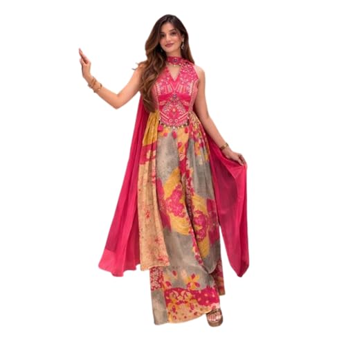 Womentus Womens Indian Ethnic Shrug Outfit Pink Floral Printed Anarkali with Hand Work Embroidered Top and Dupatta (US Alpha Large Regular Regular Pink)