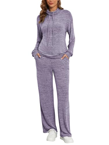 Famulily - Conjunto de chándale de cuello de cisne para mujer con cordón, camiseta de manga larga con capucha y pantalones de pierna ancha con cintura elástica y bolsillos, Morado (, XL