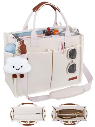 BESBESME Bolsa de lona feminina com zíper e compartimentos – Bolsa tiracolo grande para laptop para trabalho e faculdade, Bege, Medium, Tendência