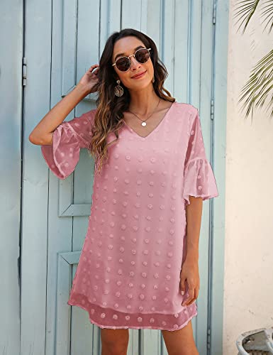 Image of Blooming Jelly Womens White Dresses Short Sleeve V Neck Ruffle Cute Sun Dress Chiffon Flowy Shift Mini Dress